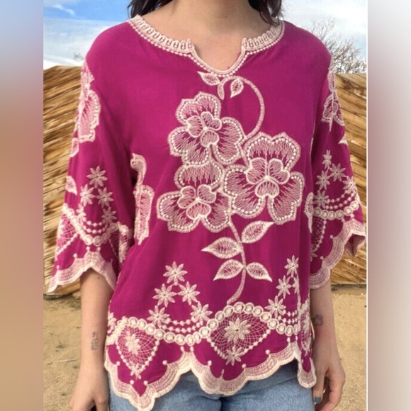 Solitaire Tops - Solitaire Boho Floral Embroidered Pink Blouse Top 3/4 Sleeve SZ L  NWT